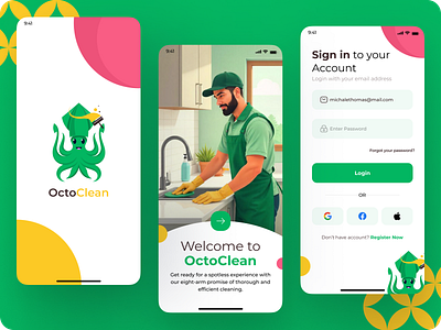 Octoclean App cleaning cleaning app home clean home cleaning login minimal color modern look modern theme modern ui onboarding thisuix trending color trending ui