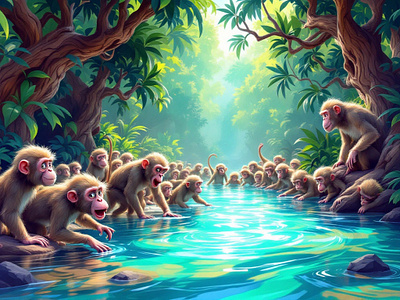 Illustration of a surreal cartoon style Monkeys play design graphic design illustration