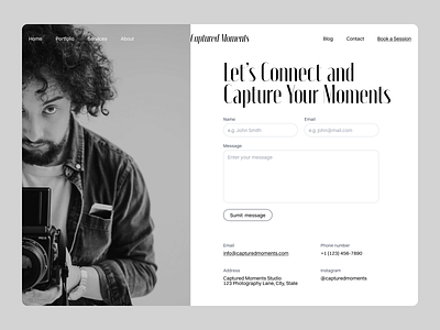 📸Captured Moments - Contact Page Design Exploration agency black booking branding connect contact design desktop form photo photography ui ux white