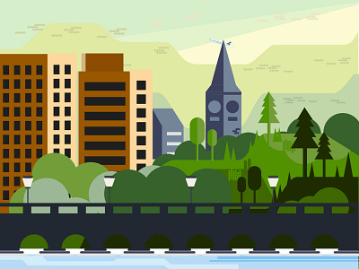 Green City - Dhaka field flat graphic design green handmade houses illustration landscape minimal morning retro rock simple