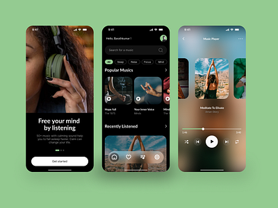 Meditation Music APP animation app branding darktheme design designer graphic design green icons illustration ios logo meditation meditationapp mobile music typography ui ux vector