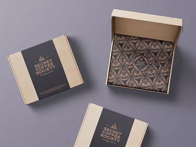 Secret Coffee Society Packaging Mockup box box packaging brand design brand identity branding branding design coffee esoteric hand drawn identity design illustration illustrator logo logo design occult packaging packaging design pattern vintage visual identity