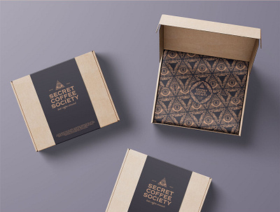 Secret Coffee Society Packaging Mockup box box packaging brand design brand identity branding branding design coffee esoteric hand drawn identity design illustration illustrator logo logo design occult packaging packaging design pattern vintage visual identity