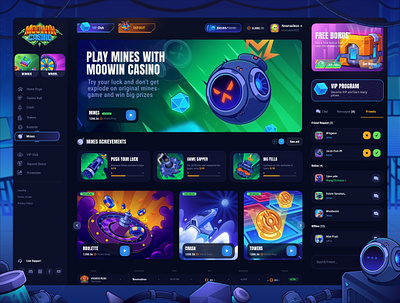 MooWin Casino: Mines game | Lobby page casino crypto dark interface gambling game achievements game banners game interface game page gaming icons home page landing page lobby main page mines game online casino ui uiux web design website website design