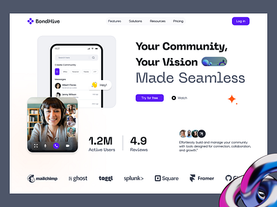 BondHive; Online Community Builder app design chat app chating website community community website hero section landing page social app social platform social website ui ui design idea uitrend uiux web web design web design idea web design inspiration web page website design