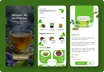 "Exploring the World of Tea: A Modern UI Design for Tea Shop App appconcept cleanui designshowcase ecommerceapp figmadesign greentheme minimaldesign mobileappdesign modernui onboardingscreen productdesign productpagedesign teaappui tealoversapp teashopapp trendingui uiinspiration uiuxdesign userinterface