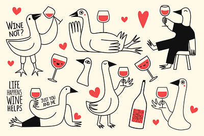 Goose wine party collection apparel graphics drinks goose greeting card illustration outline poster tattoo design vector wine