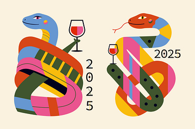 New Year 2025 abstract snakes abstract apparel graphic greeting card illustration new year snakes trendy design vector wine