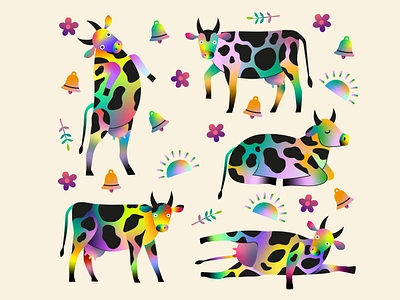 Rainbow cows for Pipsticks animals colored cows illustration poster print rainbow stickerpack vector