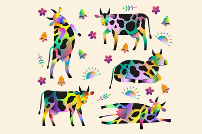 Rainbow cows for Pipsticks animals colored cows illustration poster print rainbow stickerpack vector