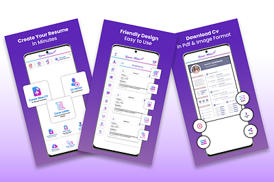 Resume Maker Store Listing Design app icon app screenshote app store screenshot feature graphic mobile app playstore screenshot screenshot design user experience user interface