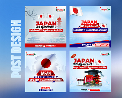 Social media posts to advertise early Japan VFS appointments. creativedesign designforbusiness graphicdesign japantravel marketingdesign postdesigninspiration professionalpostdesign socialmediadesign travelpostdesign travelwithease vfsappointment