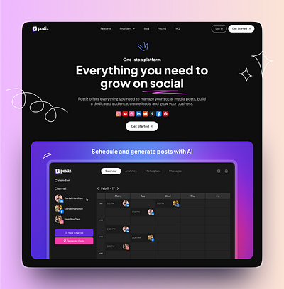 Postiz design branding creative dark design designstudio gradient graphic design illustration interface landing page logo logo design smm ui uxui