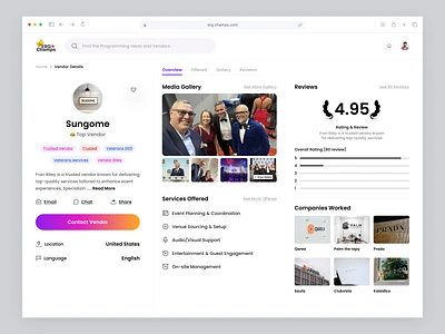 ERG Champs - Vendor Profile Dashboard business platform event application event dashboard design event management event management application mangement application ui product design rating and reviews service design trusted suppliers ui design ux design vendor application vendor listing vendor profile
