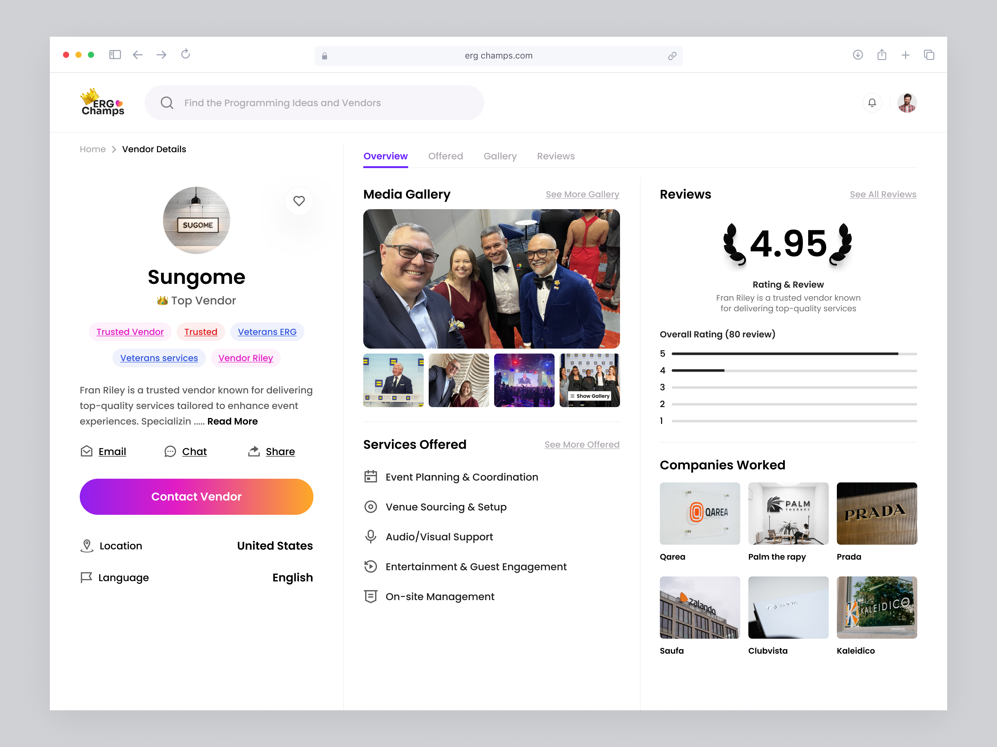 Example of ERG Champs - Vendor Profile Dashboard