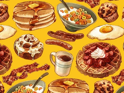 Breakfast Pattern art breakfast digital art eat food illustration morning pancakes waffles watercolor yellow