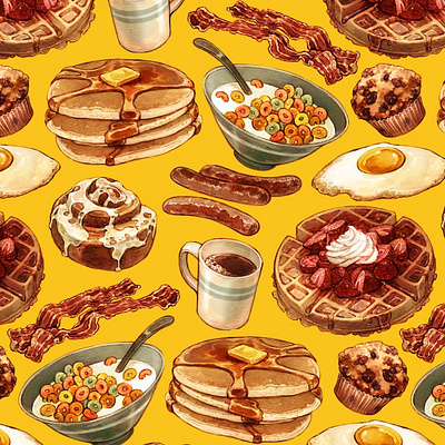 Breakfast Pattern art breakfast digital art eat food illustration morning pancakes waffles watercolor yellow