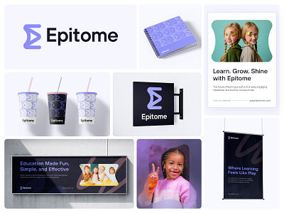 Epitome | Child Online Education, Learning Logo & Branding book logo brand guidelines brand identity branding child care course e learning e letter logo education logo graphic design kids education learning logo learning platform logo design minimal logo online learning online school play logo school logo university