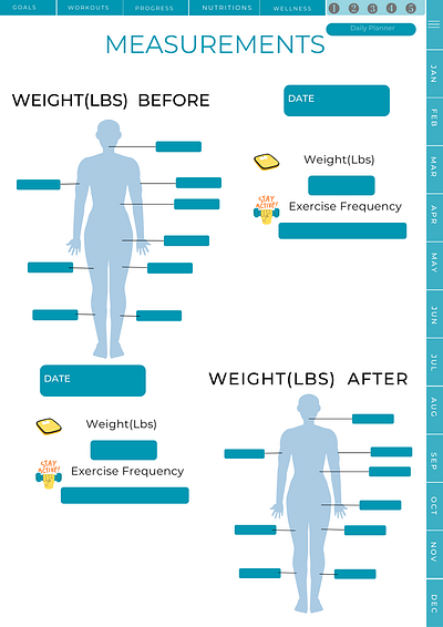 MEASURMENTS TRACKER canva template digital downloads business digital planner etsy product graphics hyperlink planner measrements planner templates tracker weightloss trackers