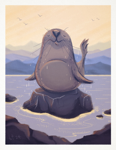 Belly Bliss beach belly blissful british columbia canada character design coast cute digital illustration illustration meditation ocean pacific northwest seal shoreline sunrise tranquility vancouver island west coast yoga