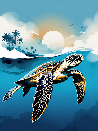 Sea turtle enjoying the surf. animals nature ocean sea sea turtle sealife surf tropical turtle watercolor