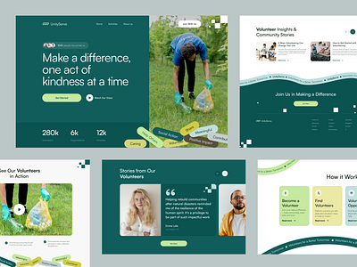 UnityServe - Volunteering Website Landing Page Exploration branding clean design desktop environment graphic design green homepage landing page movement social testimonial typography ui ux website whitespace