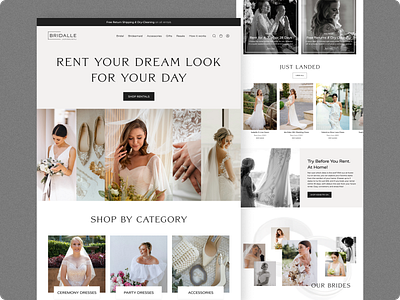 Bridal Rental Website Design beige black black and white bride clothes fashion figma header design hero section luxury luxury website design rental responsive website design testimonials ui design uiux design warm web design wedding wedsite design