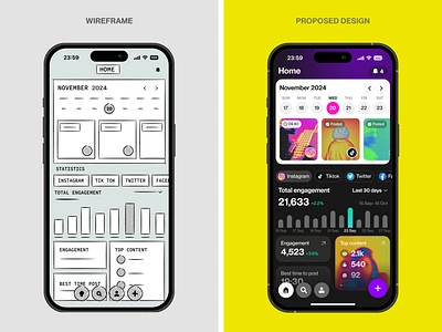 Social Media Planner App: Effortless Scheduling apps branding calendar dark design facebook home instagram mobile mobile apps planner social media statistics tiktok ui ux visual design weekly what if wireframe