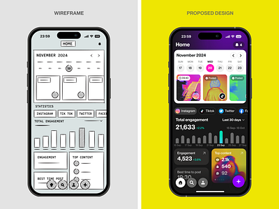 Social Media Planner App: Effortless Scheduling apps branding calendar dark design facebook home instagram mobile mobile apps planner social media statistics tiktok ui ux visual design weekly what if wireframe