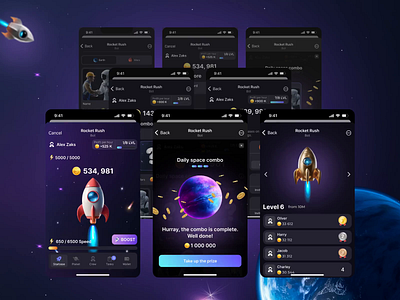 Rocket Rush - Tap Game | App Design blockchain game clicker clicker design clicker game crypto clicker crypto design crypto game design hamster kombat product design startup tap game tap to earn tap to play tap2earn design telegram app telegram clicker ui ux web3 clicker