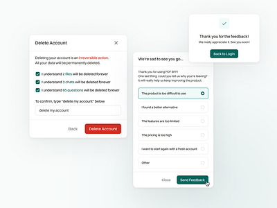 Offboarding - PDF BFF ai ai chat cards checkbox clean components delete account dialog feedback minimal modal offboarding product design radio button saas design saas product ui ui design ux design