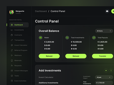 Investment Dashboard Design analytic chart dashboard dashboard dark mode dashboard design data visualization development figma design finance fintech invest investment app investments no code no code development product stock market ui ux design vc (venture capital)