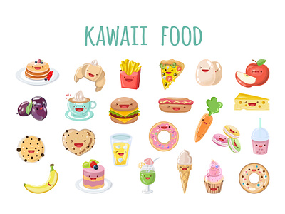 Food Kawaii set in cartoon style happy