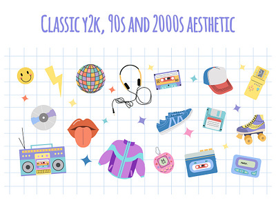 Classic y2k, 90s and 2000s aesthetic. Flat style set of vintage illustration