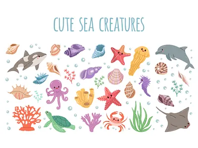 Sea animals. Hand-drawn sea life creatures and elements starfish