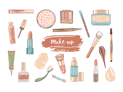 A set of flat style sketches of cosmetics, beauty, self-care foam