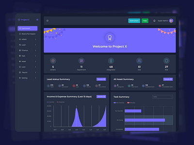 Project X Dashboard Overview 🚀📊 animation asset dashboard finance management system hr management app hrms app lead management lead management system loan office management app product design project x saas saas application software task management system ui ui design ui ux ux design