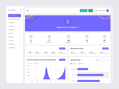 Project X Dashboard Overview 🚀📊 asset management system best application branding finance management system food voucher app hrms software human centered design lead management system loan module mobile app office management application payroll module product design project x role permission saas application task management system ui design ui ux ux design