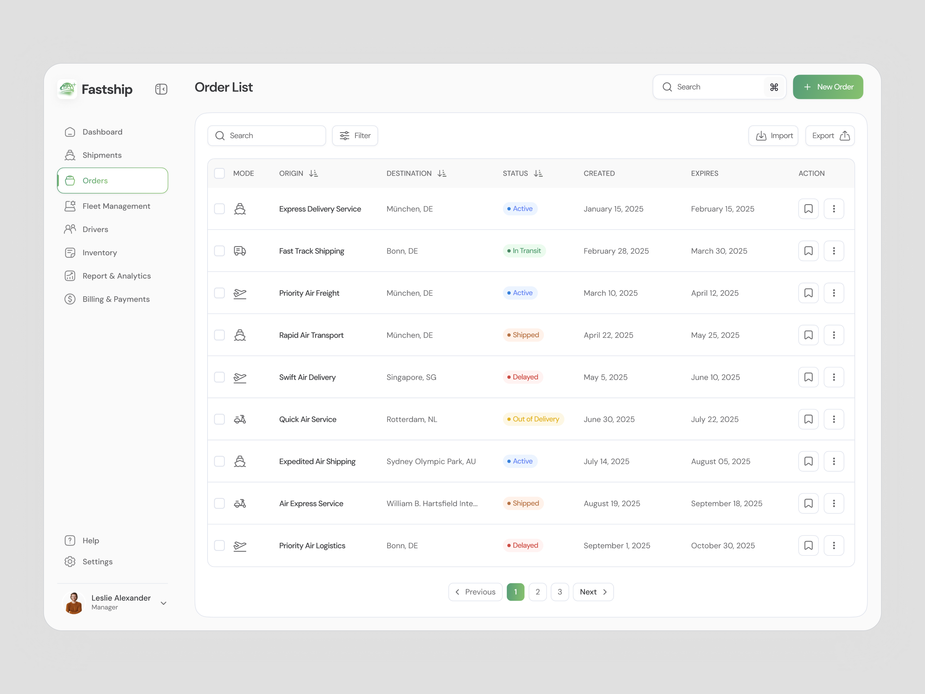 Fastship - Order List Dashboard admin panel crm dashboard delivery fastship logistic management dashboard order list shipment shipment dashboard tracking tracking history transport uiux visual design web app