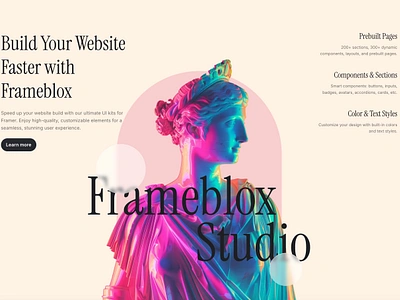 Landing page website hero section for Framer - Frameblox UI agency cta features framer header hero landing neon sans section studio ui webdesign