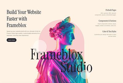 Landing page website hero section for Framer - Frameblox UI agency cta features framer header hero landing neon sans section studio ui webdesign