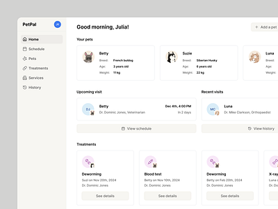 PetPal - Dashboard appointment branding card cat clean dashboard design dog graphic design home illustration interface menu minimalistic navigation overview pet ui