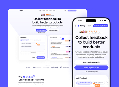 Upvoty - Rebranding aha beamer clean feedback feedbear header mobile nolt noora productlift rapidr rebranding redesign saas trello ui upvoty ux web design website