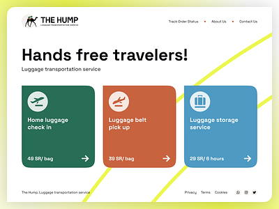 Luggage Transportation Service Landing Page | The Hump airports baggage transfer cards check in flight hands free landing page logistic logo luggage storage service pick up start up transportation service travel service traveling ui design ux ui web design website