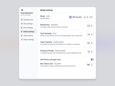 AI Model Settings ai model clean input integration menu minimal popup settings sidebar tab ui ux