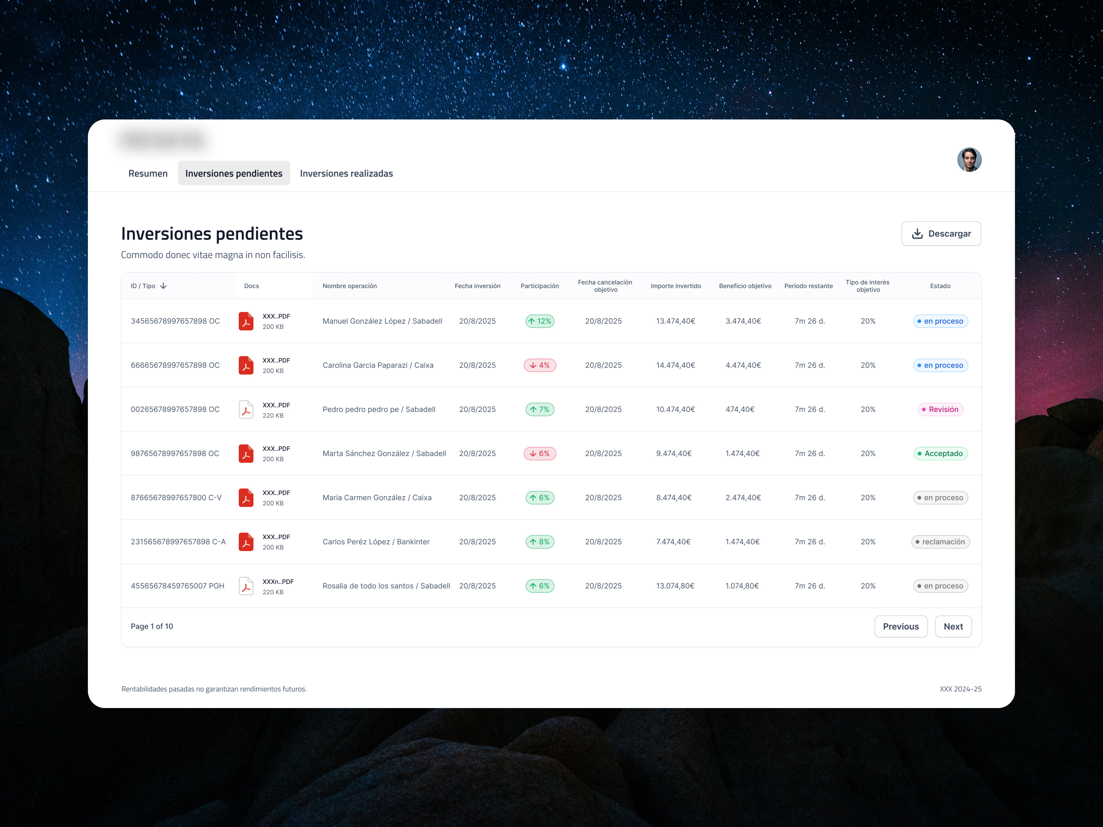 Investors dashboard app design documents download fintech internal tool investment list listing numbers process product products rows stats table tool ui ux website