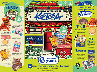 Korea Assorted Snack Box by Universal Yums art direction asia box branding candy colorful design graphic design illustration korea korean layout lettering packaging packaging design snacks taste type typography universal yums