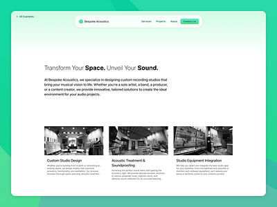 Subtle UI Marketing Site Example - Light Mode acoustic black and white card component green library light mode marketing music navbar open source production react recording sound soundproof studio subtle typography ui