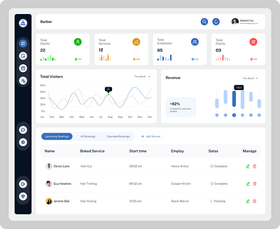 Barber Shop Dashboard Redesign appointment booking barber dashboard barbershop pos barbershop ui booking system business dashboard calendar ui clean ui client management hair salon dashboard haircut dashboard minimal ui modern ui saas dashboard salon management service booking ui ux design