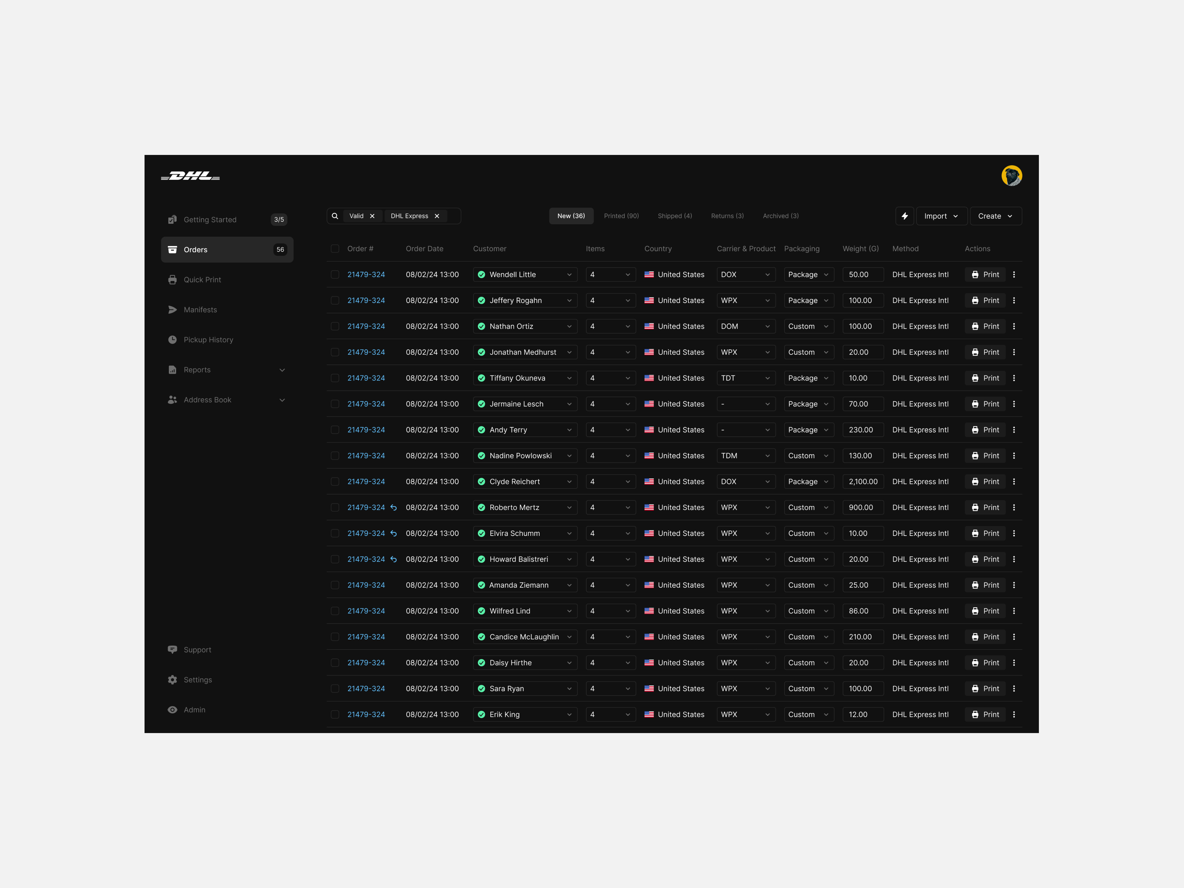 DHL Express Commerce - Orders application crm dark dashboard data filter interface latvia logistics orders platform saas search service table tags ui ux web